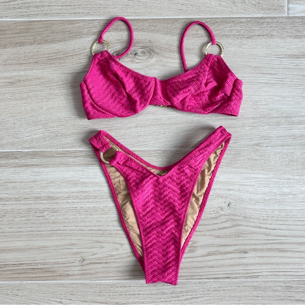 Yellow The Label Maeve Textured Bikini Top and Briar Textured Bottoms Fuchsia